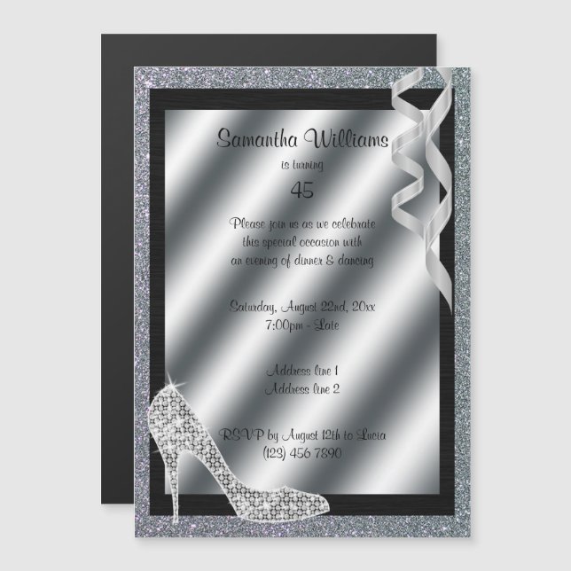 Invitación Magnética Purpurinoso Plateado Stiletto & Streamers 45 cumpl (Anverso/Reverso)