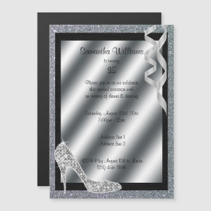 Invitación Magnética Purpurinoso Plateado Stiletto y Streamers 35º cump