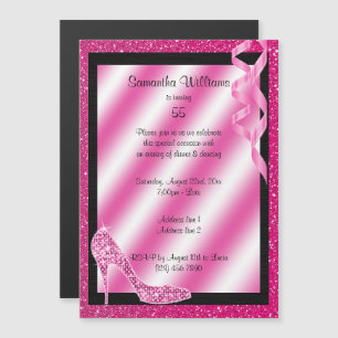 Invitación Magnética Purpurinoso rosado Stiletto y Streamers 55º cumple