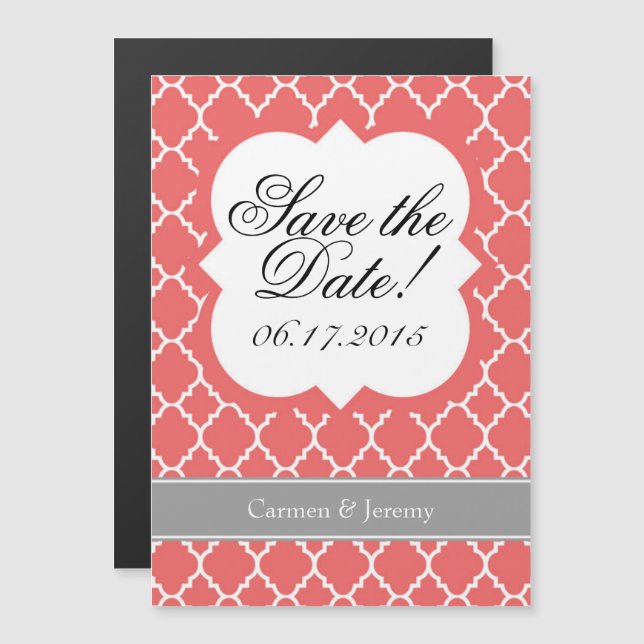 Invitación Magnética Quatrefoil Blanco Coral Ahorra La Fecha Magnet (Anverso/Reverso)