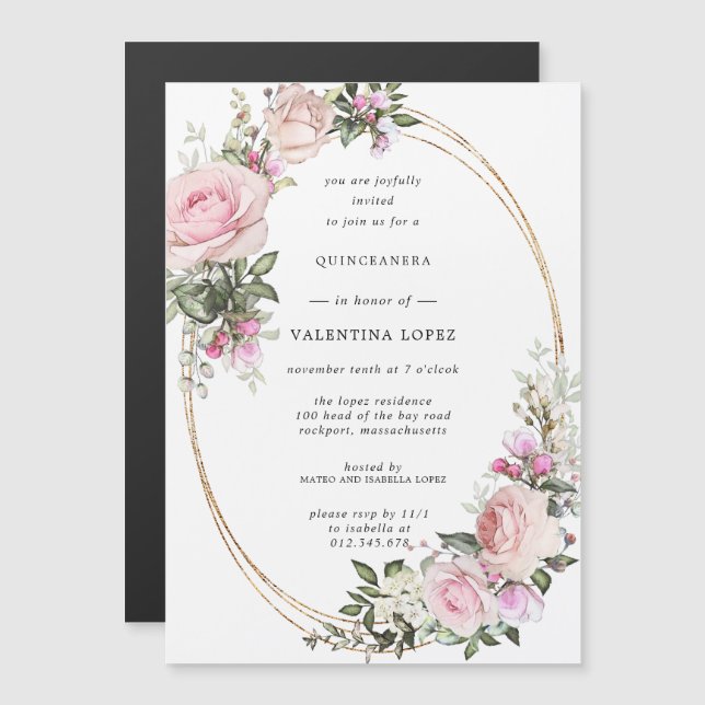 Invitación Magnética Quinceanera de oro floral rosa de Rubor (Anverso/Reverso)