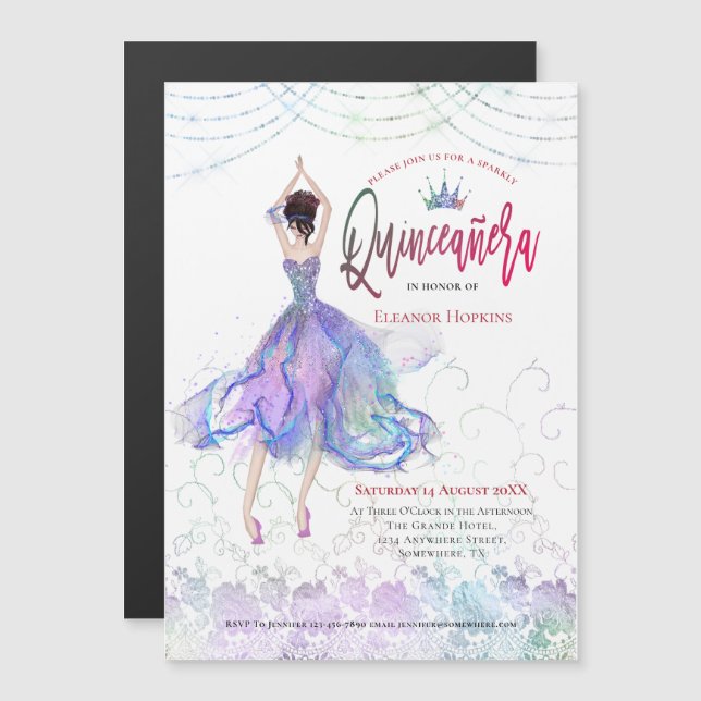 Invitación Magnética Quinceanera Elegante Blue Lilac Luces de cuerdas d (Anverso/Reverso)