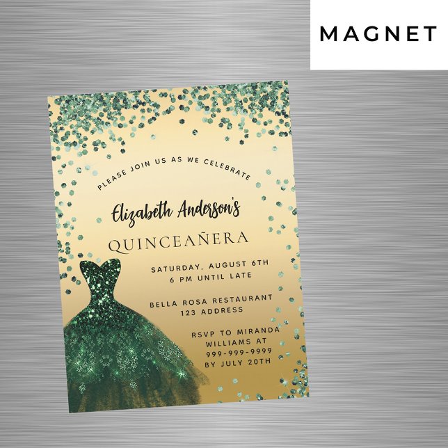 Invitación Magnética Quinceanera fiesta de lujo vestido verde esmeralda (Subido por el creador)