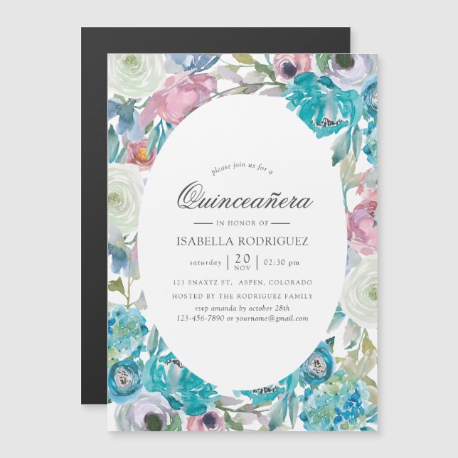 Invitación Magnética Quinceañera floral azul turquesa y turquesa (Anverso/Reverso)