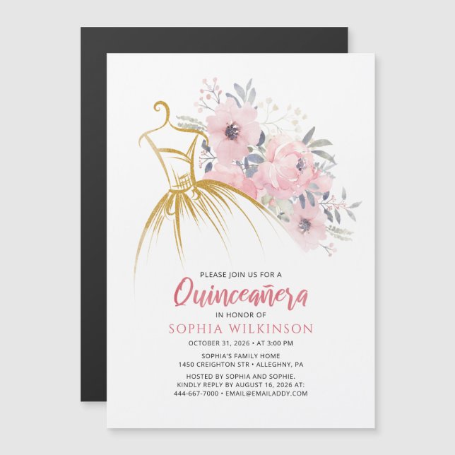 Invitación Magnética Quinceanera Floral Faux Gold Dress15th Birthday In (Anverso/Reverso)