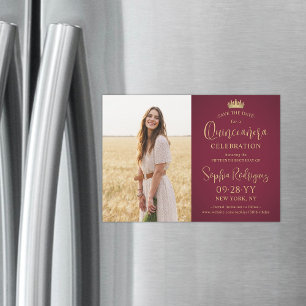 Invitación Magnética Quinceañera Foto de Guardar la Fecha Burgundy y Or