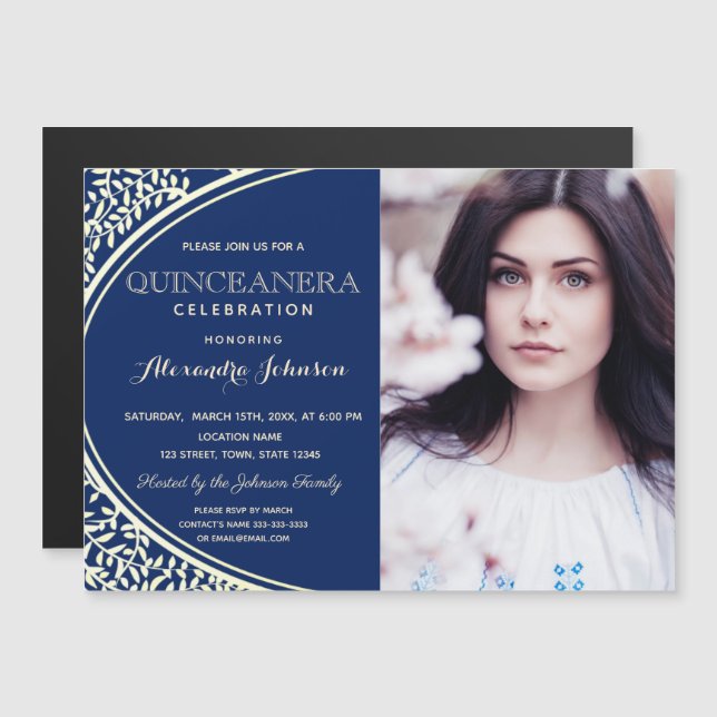 Invitación Magnética Quinceanera Luxury Elegant Royal Blue & Gold Photo (Anverso/Reverso)