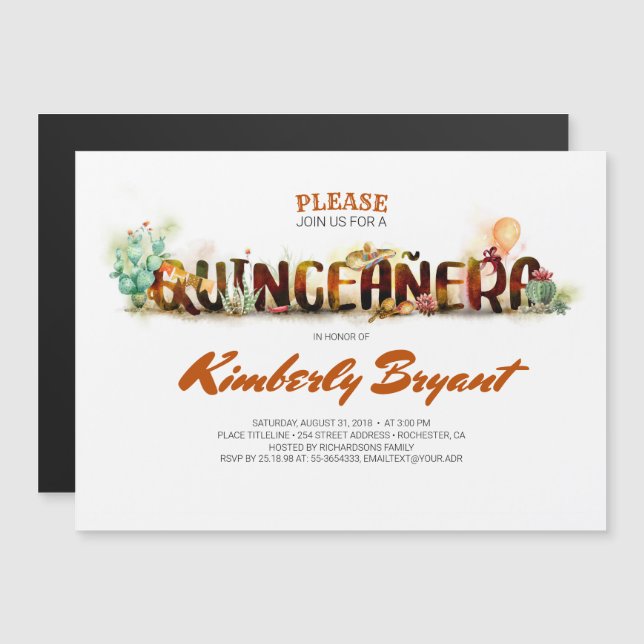 INVITACIÓN MAGNÉTICA QUINCEANERA MEXICANA CUMPLEAÑOS 15 (Anverso/Reverso)