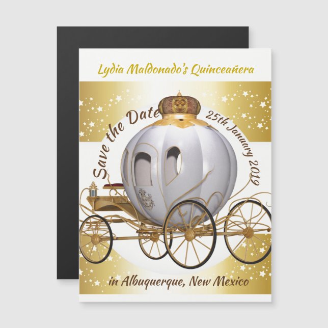 Invitación Magnética Quinceanera Princess Carriage Save the Date (Anverso/Reverso)