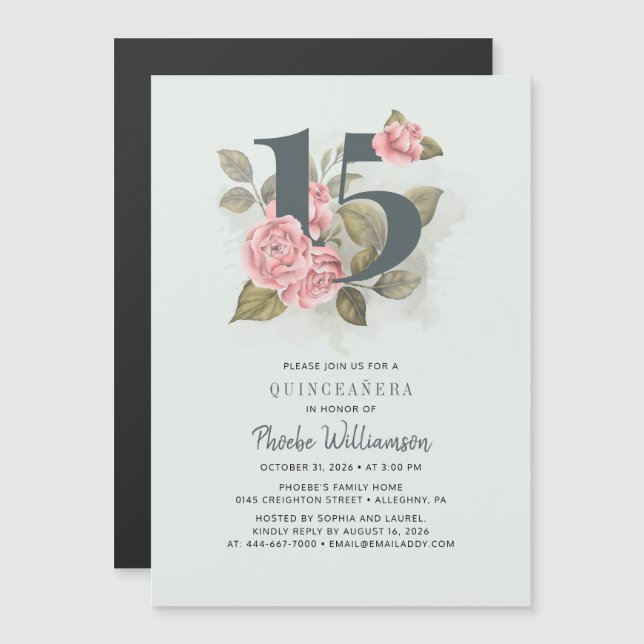 Invitación Magnética Quinceanera Rustic Floral 15 cumpleaños (Anverso/Reverso)