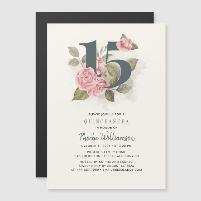 Invitación Magnética Quinceanera Rustic Floral 15 cumpleaños (Anverso/Reverso)