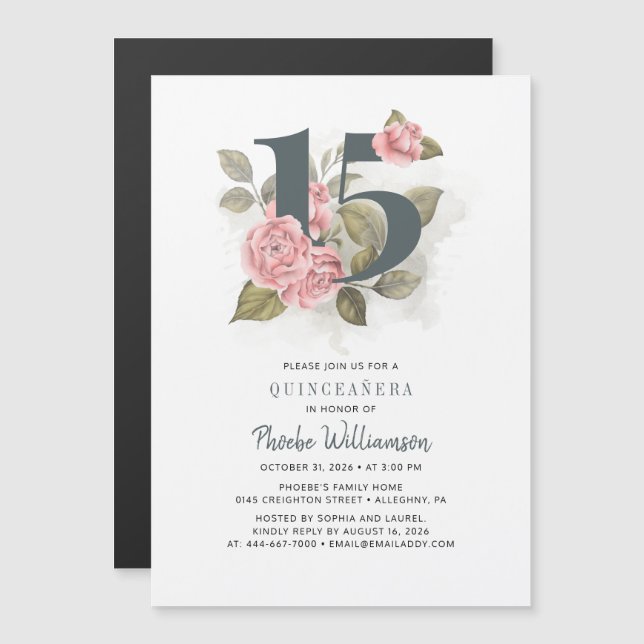 Invitación Magnética Quinceanera Rustic Floral 15 cumpleaños (Anverso/Reverso)
