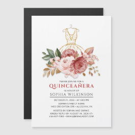 Invitación Magnética Quinceanera Rustic Floral Faux Gold Vestido 15