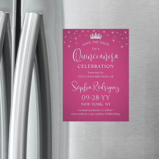 Invitación Magnética Quinceañera salva la cita elegante rosa de Fuschia (Subido por el creador)