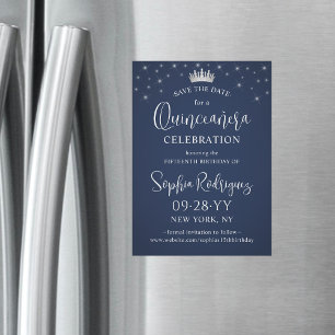 Invitación Magnética Quinceañera Salva la Fecha Elegante Azul Marino