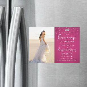 Invitación Magnética Quinceañera salva la foto rosa de Fuschia