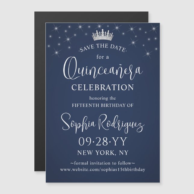 Invitación Magnética Quinceañera Save the Date Elegant Navy Blue (Anverso/Reverso)
