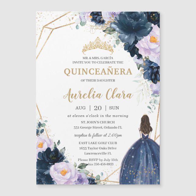 Invitación Magnética Quinceañera Sweet 16 Purple Lilac Floral Azul (Anverso)