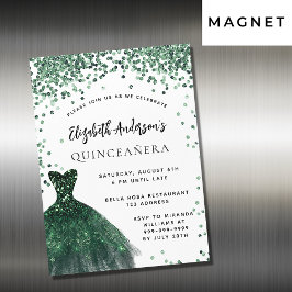 Invitación Magnética Quinceanera vestido verde esmeralda lujo blanco