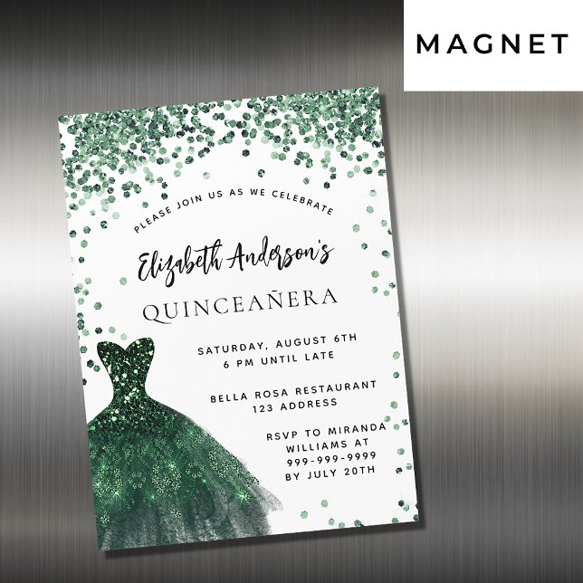 Invitación Magnética Quinceanera vestido verde esmeralda lujo blanco (Subido por el creador)