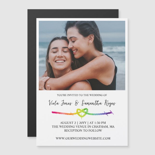 Invitación Magnética Rainbow Rope Heart Photo LGBT Boda (Anverso/Reverso)