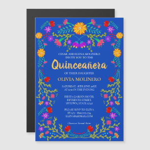 Invitación Magnética Real Floral Azul Arte Folclórico Mexicano Quincean