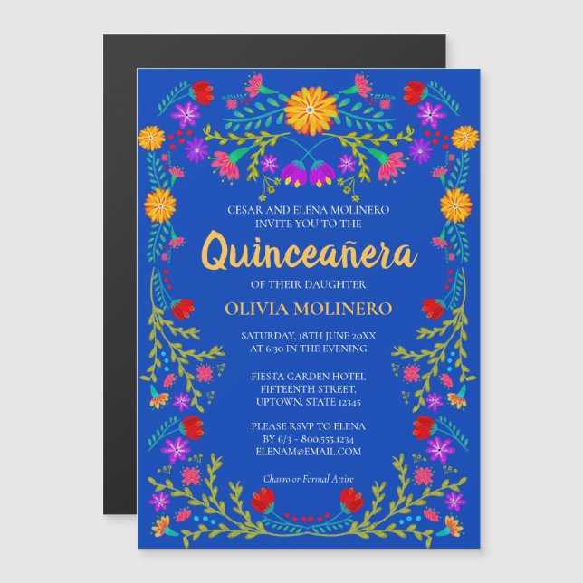 Invitación Magnética Real Floral Azul Arte Folclórico Mexicano Quincean (Anverso/Reverso)