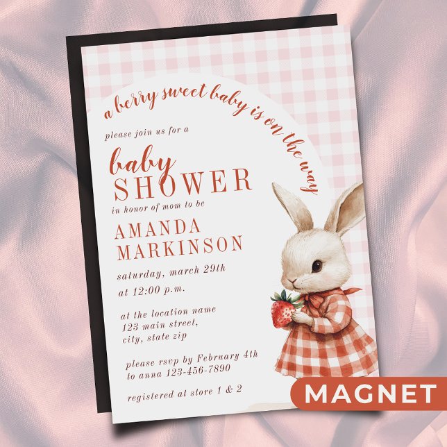 Invitación Magnética Red Checkered Garden Berry Sweet Bunny Baby Shower (Subido por el creador)