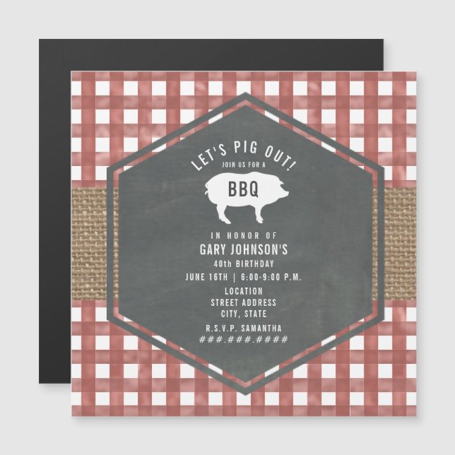 Invitación Magnética Red Gingham Pig Burlap Birthday Bbq (Anverso/Reverso)