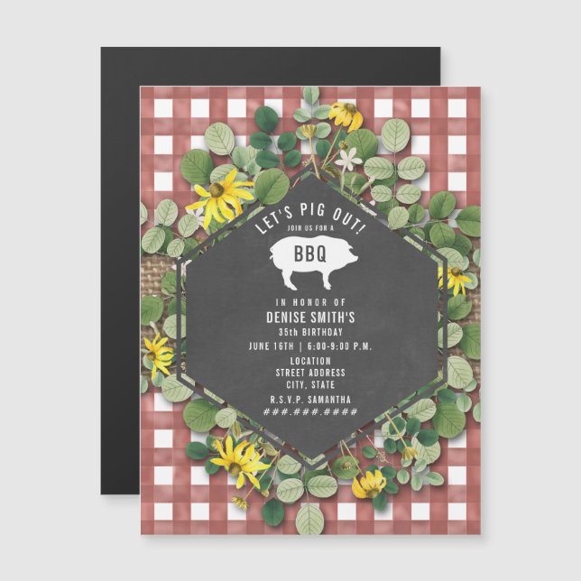 Invitación Magnética Red Gingham Pig Burlap Floral Birthday Bbq (Anverso/Reverso)