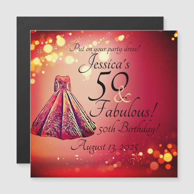 Invitación Magnética Red Gold Sparkle 50 y fabuloso cumpleaños 50 (Anverso/Reverso)