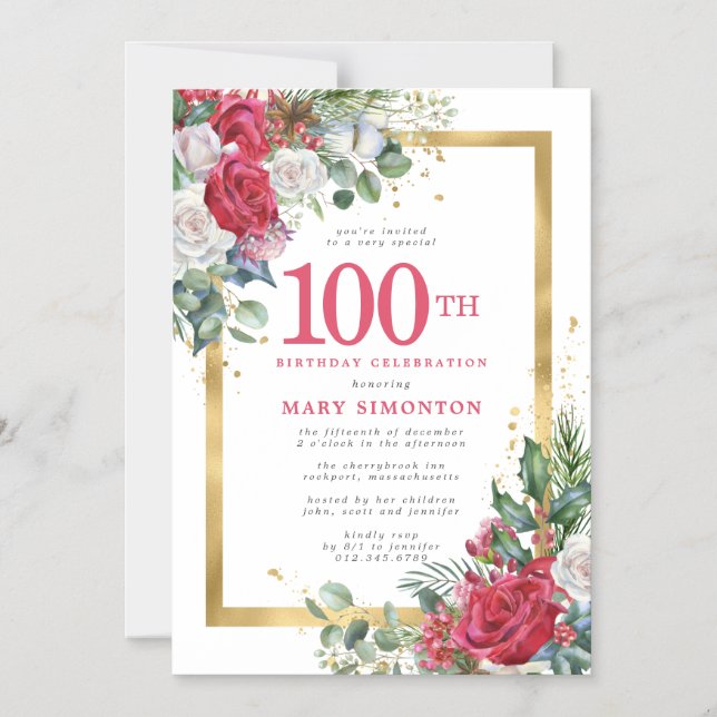 Invitación Magnética Red Rose Gold Holly 100 cumpleaños (Anverso)