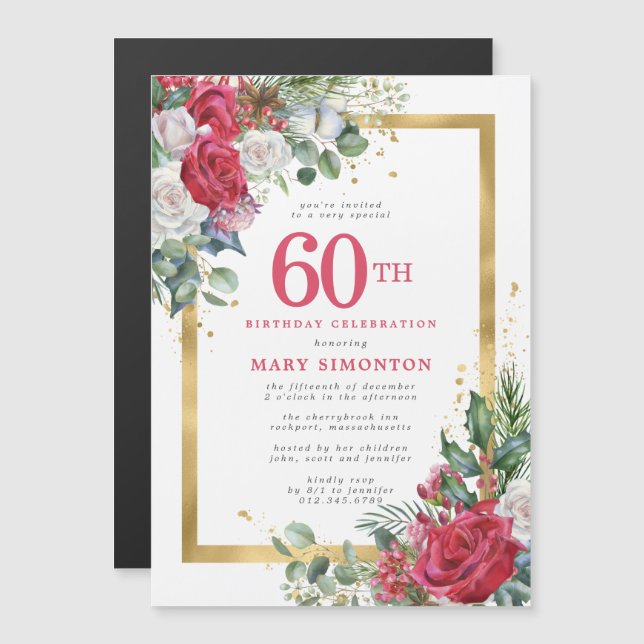 Invitación Magnética Red Rose Gold Holly 60 cumpleaños (Anverso/Reverso)