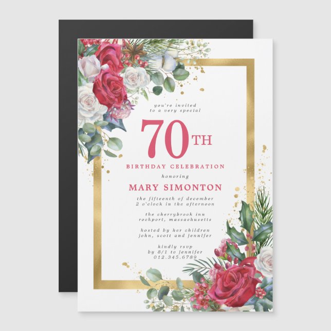 Invitación Magnética Red Rose Gold Holly 70 cumpleaños (Anverso/Reverso)