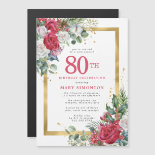 Invitación Magnética Red Rose Gold Holly 80 cumpleaños