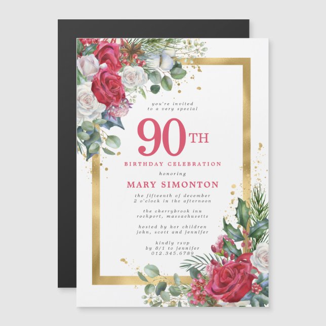 Invitación Magnética Red Rose Gold Holly 90 cumpleaños (Anverso/Reverso)
