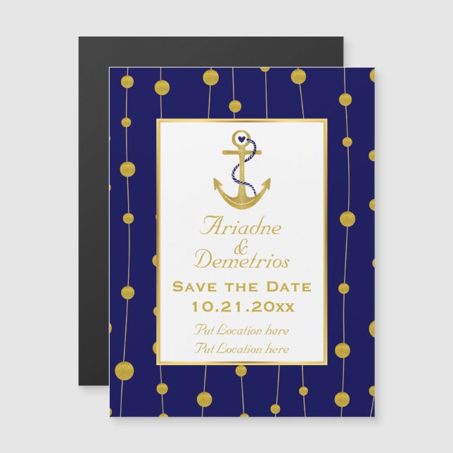 Invitación Magnética Relieve metalizado dorado anclar boda náutica Guar (Anverso/Reverso)