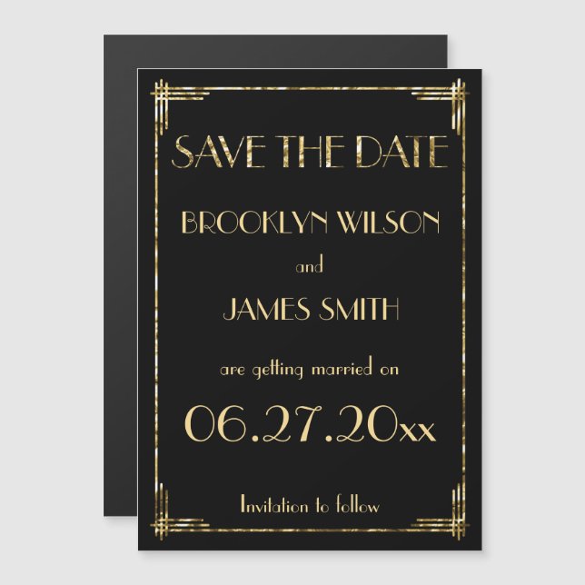 Invitación Magnética Relieve metalizado dorado Magnético Art Decó Boda  (Anverso/Reverso)