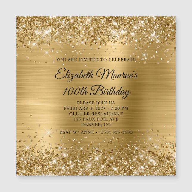 Invitación Magnética Relieve metalizado dorado Purpurinoso 100 cumpleañ (Anverso)
