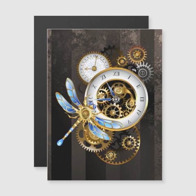 Invitación Magnética Reloj de vapor con libélula mecánica (Anverso/Reverso)
