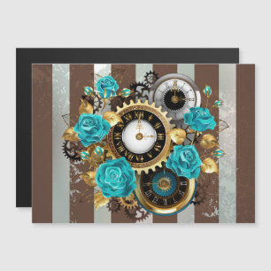 Invitación Magnética Reloj Steampunk y Rosas turquesas a rayas