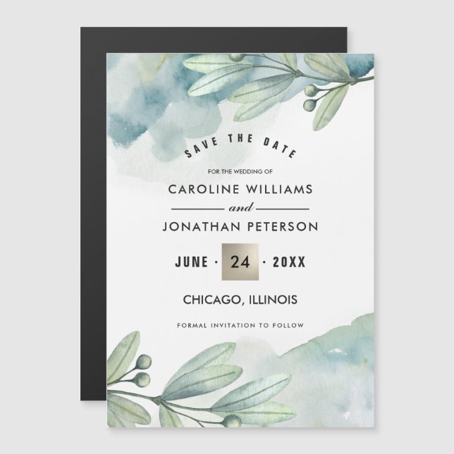 Invitación Magnética Reserva la fecha. Boda Botánico Azul Verde (Anverso/Reverso)