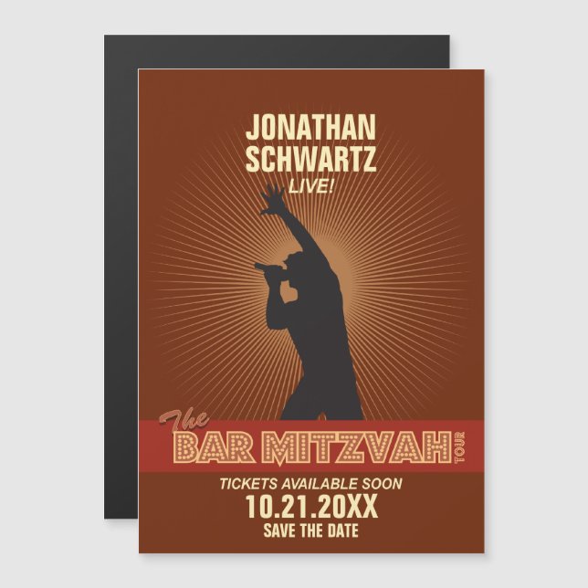Invitación Magnética Rock Star Bar Mitzvah salva la fecha en Brown (Anverso/Reverso)
