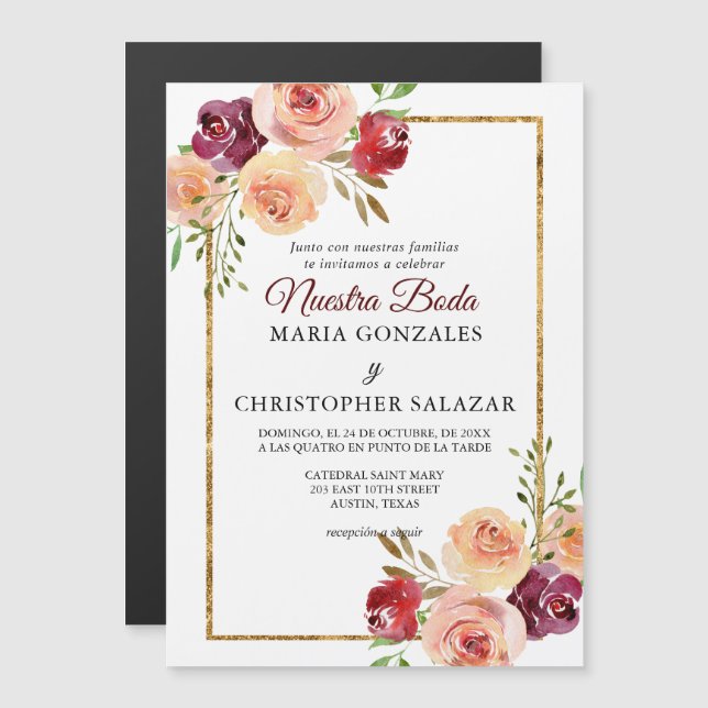 Invitación Magnética Roja Oro Flores Boda Elegante Boda Española (Anverso/Reverso)
