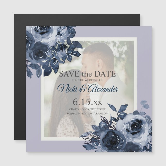 Invitación Magnética Romántica Marina Polvorienta Foto Azul Guardar fec (Anverso/Reverso)