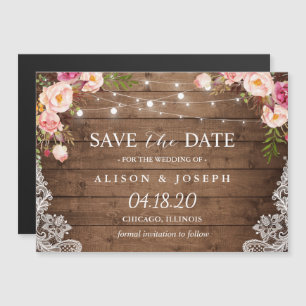 Invitación Magnética Romántica Rústica Floral String Light Save the Dat