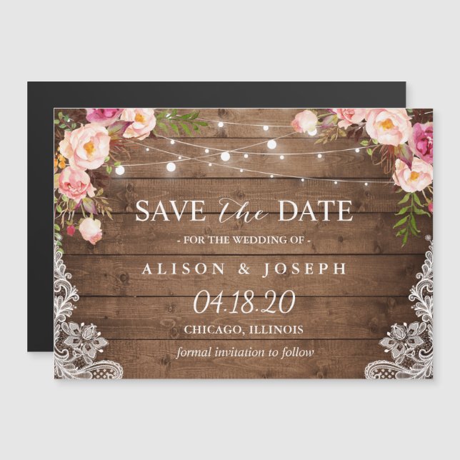 Invitación Magnética Romántica Rústica Floral String Light Save the Dat (Anverso/Reverso)