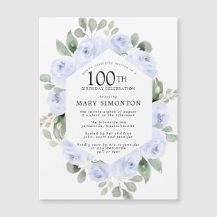 Invitación Magnética Rosa azul Eucalipto Floral 100 cumpleaños