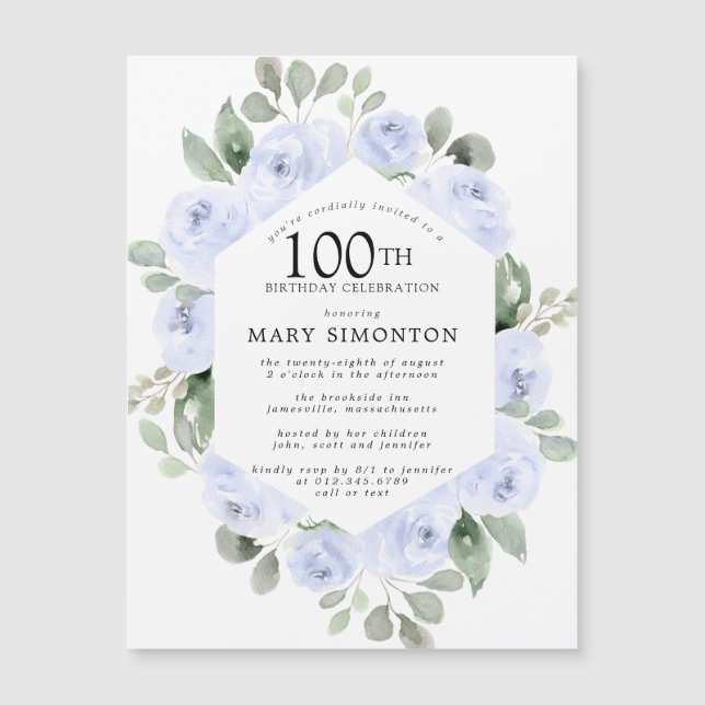 Invitación Magnética Rosa azul Eucalipto Floral 100 cumpleaños (Anverso)