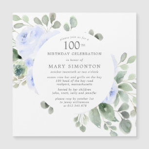 Invitación Magnética Rosa azul Eucalipto Floral Fiesta de cumpleaños nú